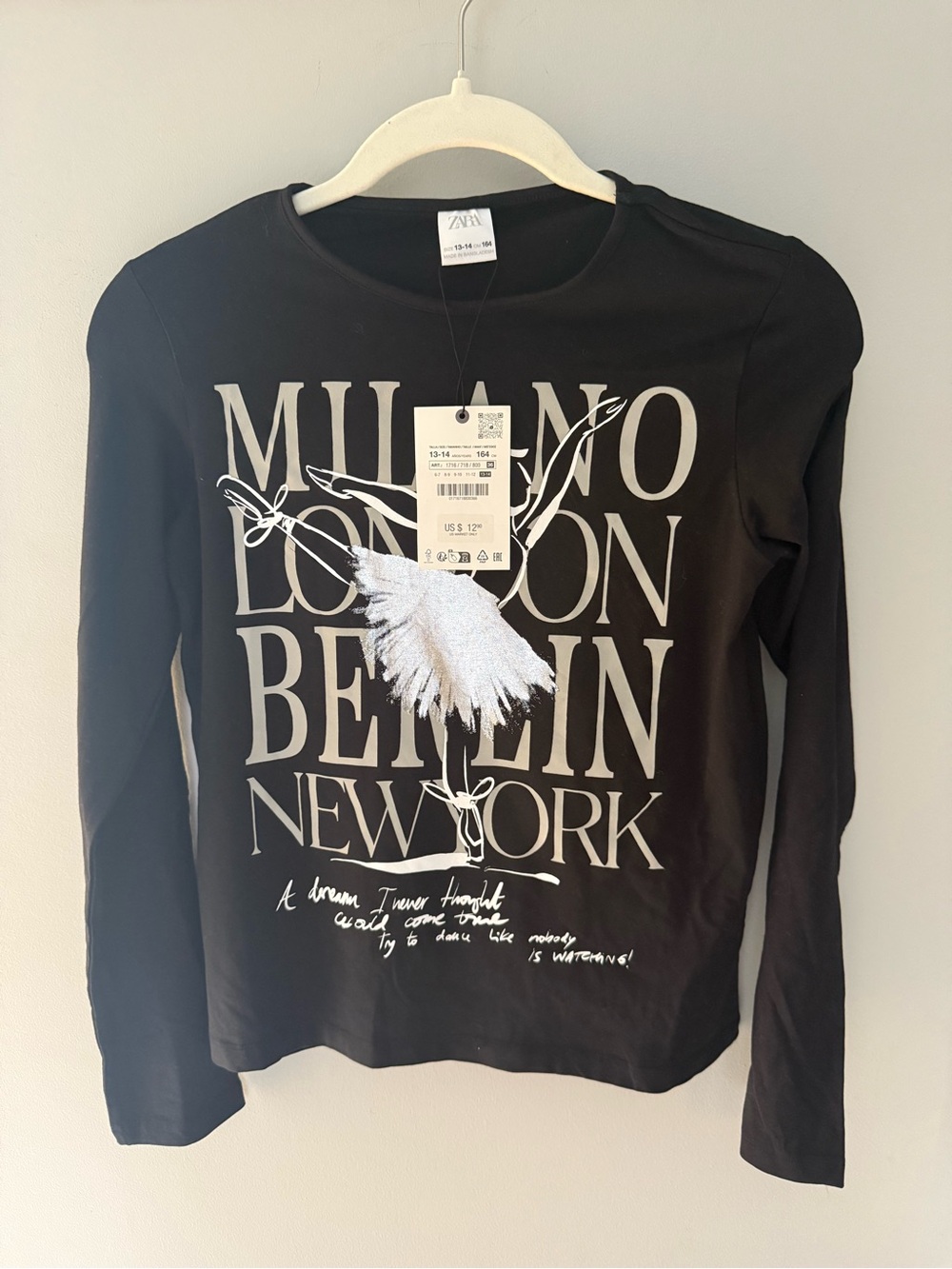 NWT Zara Black Long-Sleeve Graphic Tee with Silver Print size 13/14